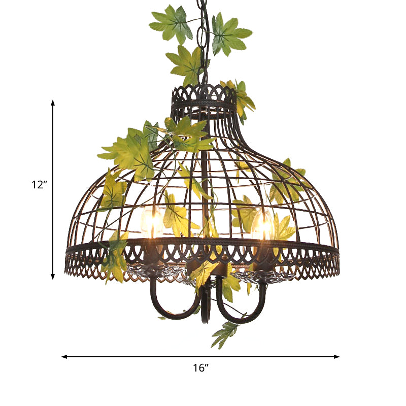 Metal Dome Ceiling Pendant Light Industrial 3 Heads Restaurant Hanging Chandelier with Flower Decoration in Black
