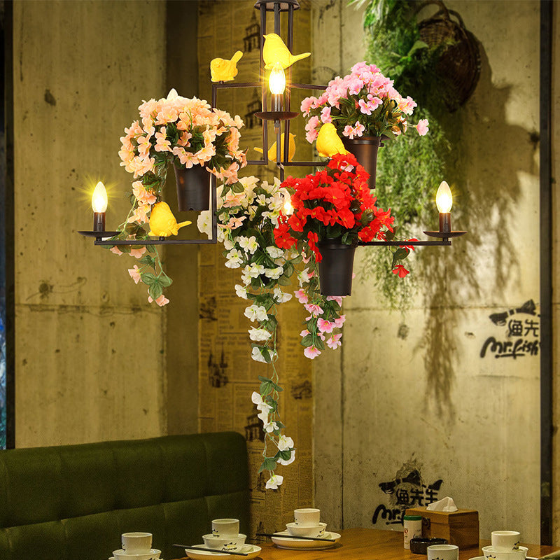 6 Heads Candelabra Suspension Pendant Industrial Black Metal Chandelier Pendant Light with Flower Decoration