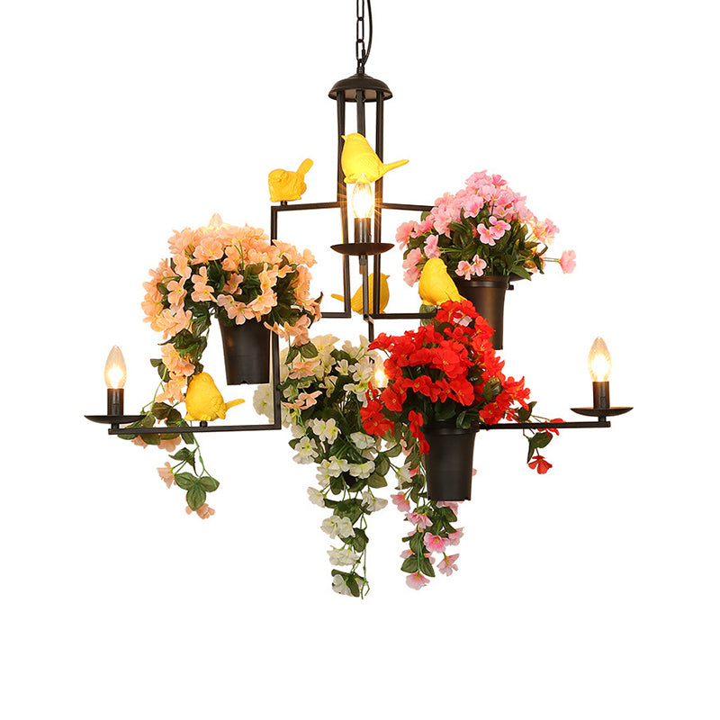 6 têtes candelabra suspension pendentif industriel noir de lustre en métal en métal lumière avec décoration de fleurs