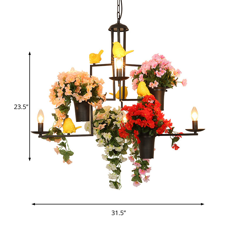 6 Heads Candelabra Suspension Pendant Industrial Black Metal Chandelier Pendant Light with Flower Decoration