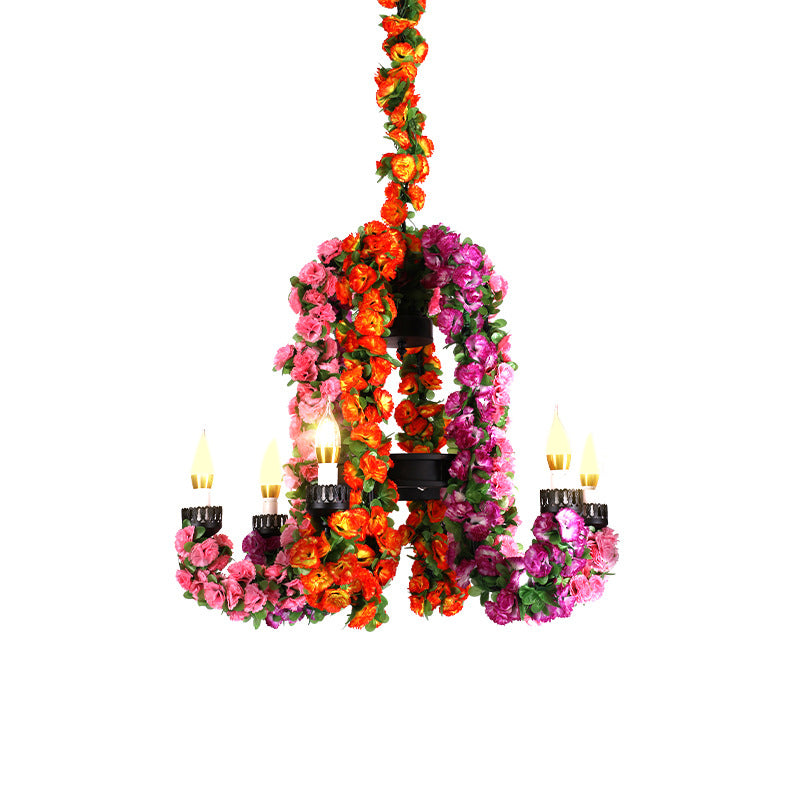 6 Heads Metal Hanging Light Kit Industrial Purple Curved Arm Restaurant Chandelier Lighting with Flower Decoration