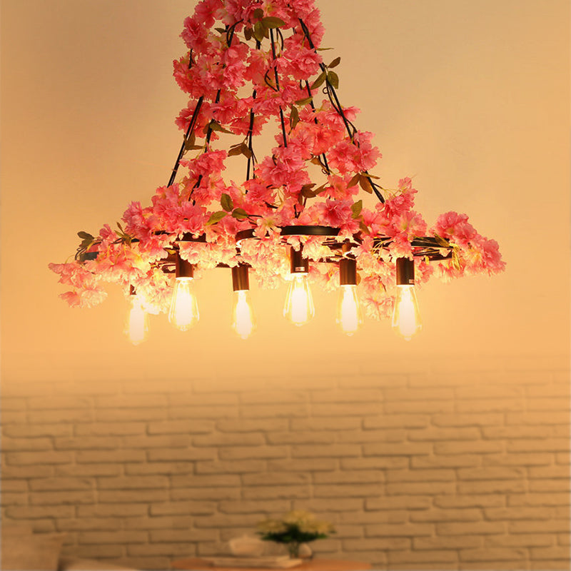 Bare Bulb Restaurant Chandelier Light Industrial 6 Bulbs LED Pink Flower Hanging Lamp