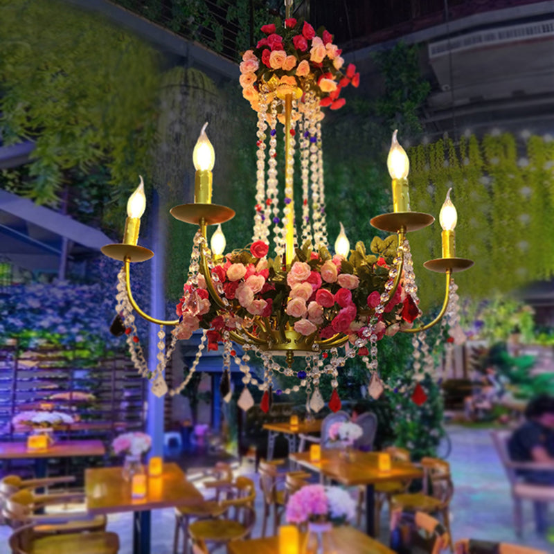6 lumières du plafond en métal Chandelier rétro Gold Candle restaurant LED Flower Down Lighting avec accent en cristal