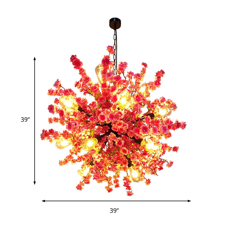 Peach 12 Lights Chandelier Lighting Vintage Metal Flower LED Hanging Pendant Light