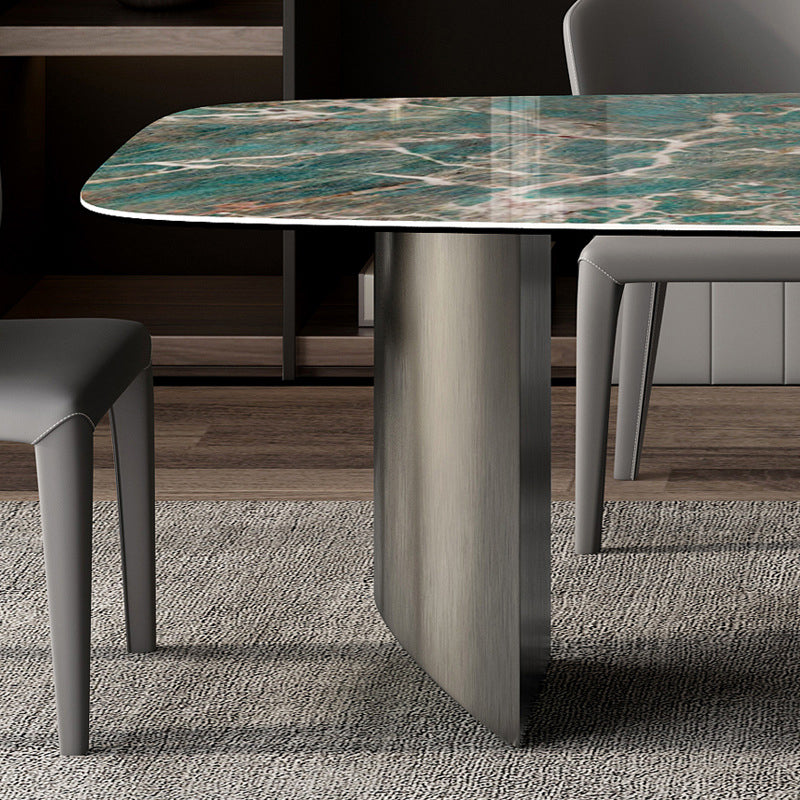 Sintered Stone Modern Rectangle Dining Table Green Stone Top Table with Metal Double Pedestal