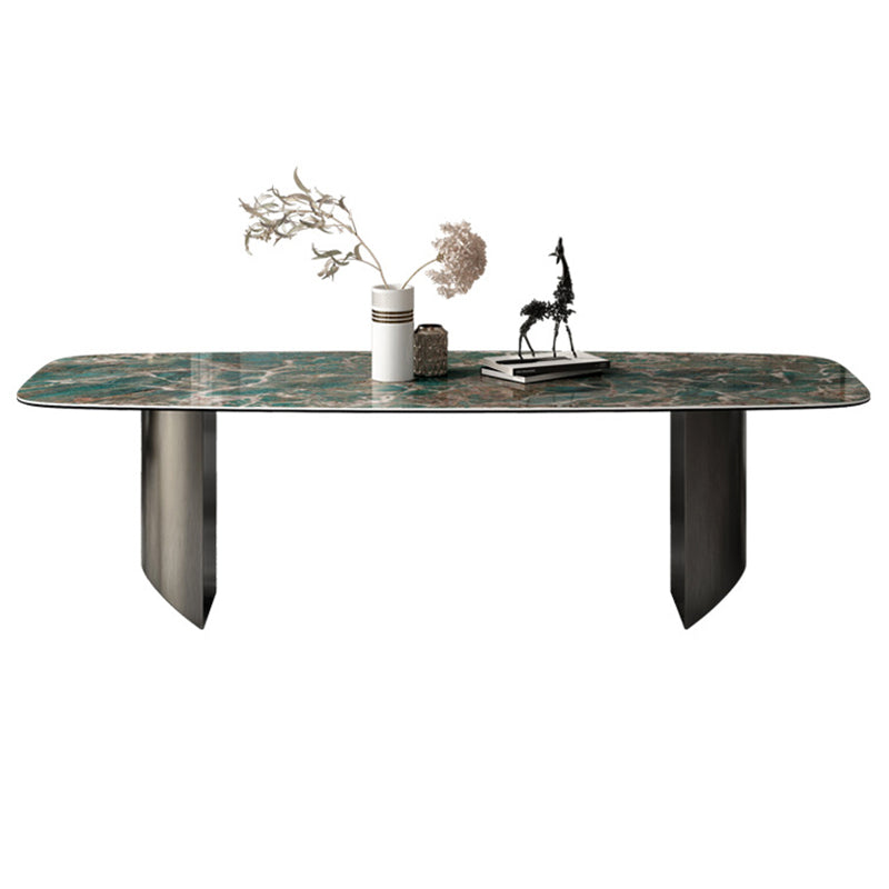 Sintered Stone Modern Rectangle Dining Table Green Stone Top Table with Metal Double Pedestal