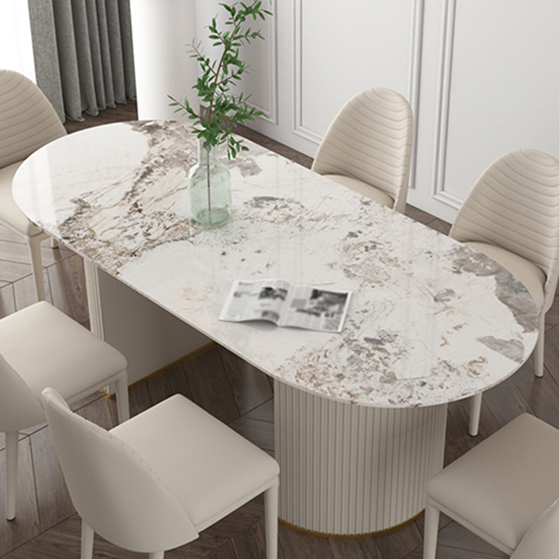 Oval Sintered Stone White Tone Dining Table Simplicity Double Pedestal Table for Dining Room