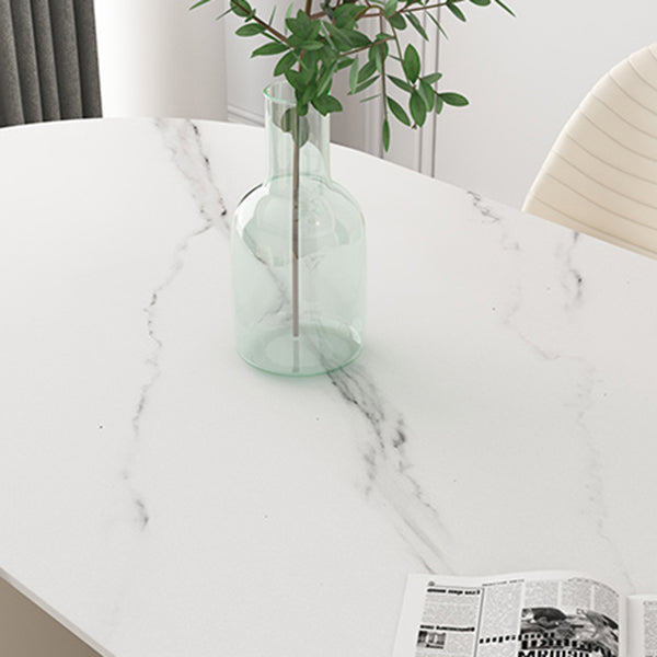 Oval Sintered Stone White Tone Dining Table Simplicity Double Pedestal Table for Dining Room
