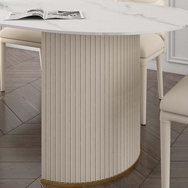 Oval Sintered Stone White Tone Dining Table Simplicity Double Pedestal Table for Dining Room