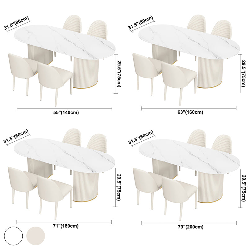 Oval Sintered Stone White Tone Dining Table Simplicity Double Pedestal Table for Dining Room