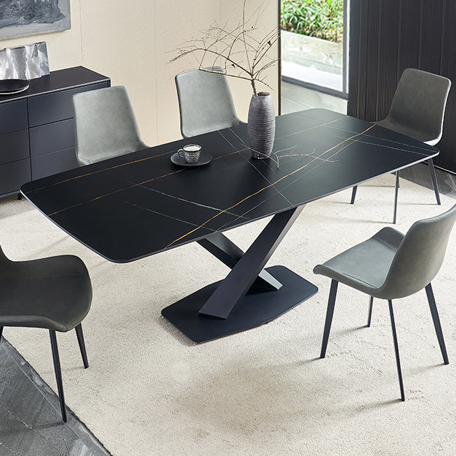 Mesa de comedor rectangular moderno de metal mesa de comedor de piedra sinterizada con base de pedestal