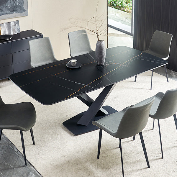 Mesa de comedor rectangular moderno de metal mesa de comedor de piedra sinterizada con base de pedestal