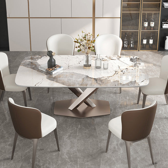 Tavolo da pranzo rettangolare contemporaneo in metallo tavolo da pranzo in pietra sinterizzata con base di piedistallo