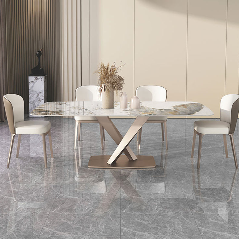 Tavolo da pranzo rettangolare contemporaneo in metallo tavolo da pranzo in pietra sinterizzata con base di piedistallo