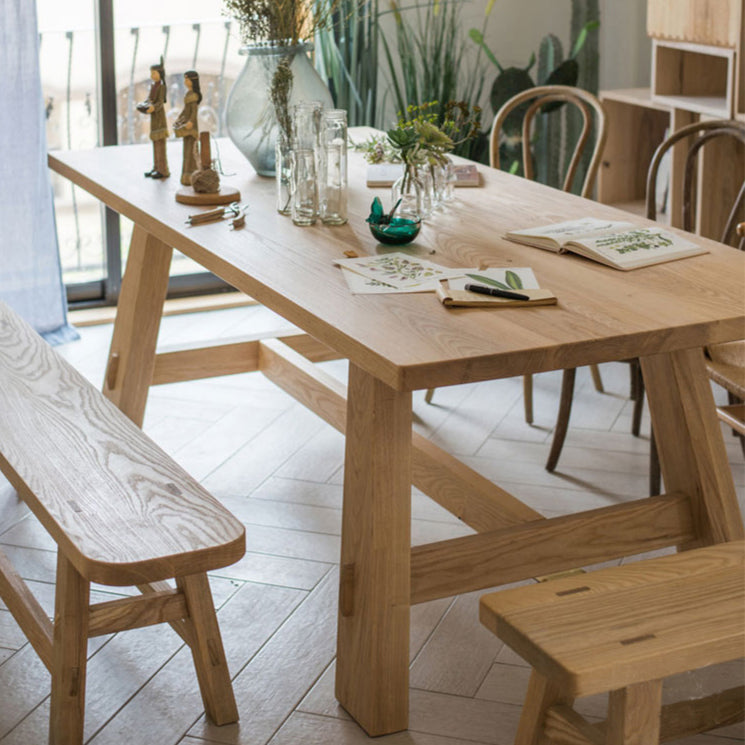 Modern Khaki Kitchen Dining Table Solid Wood Rectangle Shape Dining Table with Trestle Base