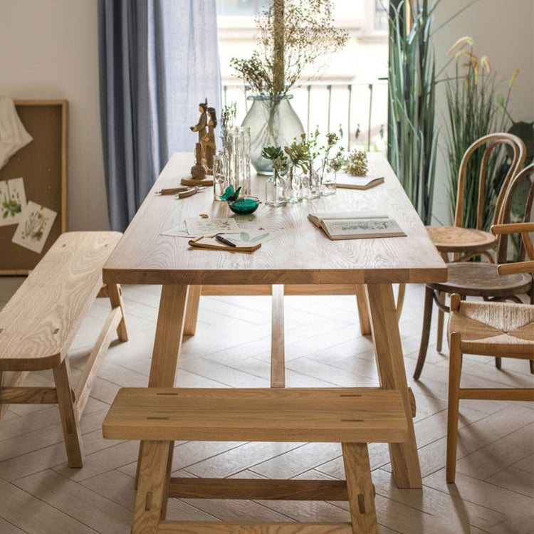 Modern Khaki Kitchen Dining Table Solid Wood Rectangle Shape Dining Table with Trestle Base