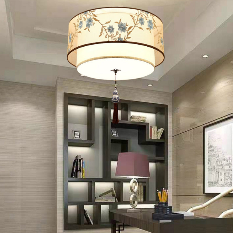 Drum Flush mount Asia Style Fabric Flush Ceiling Light for Living Room