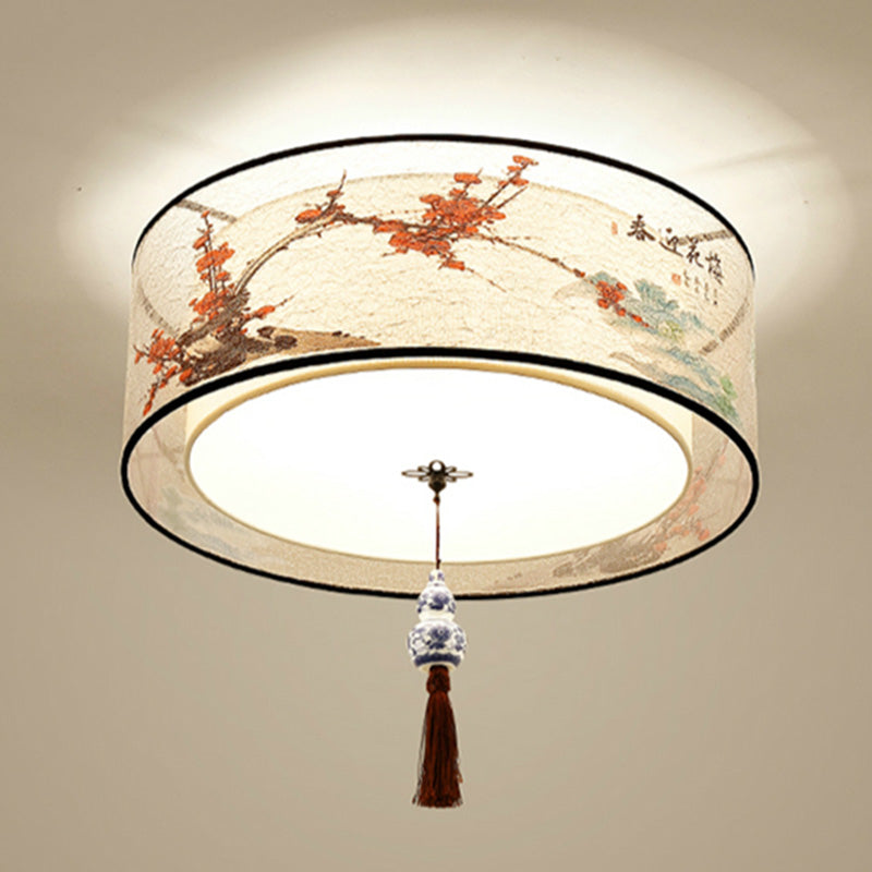 Drum Flush mount Asia Style Fabric Flush Ceiling Light for Living Room