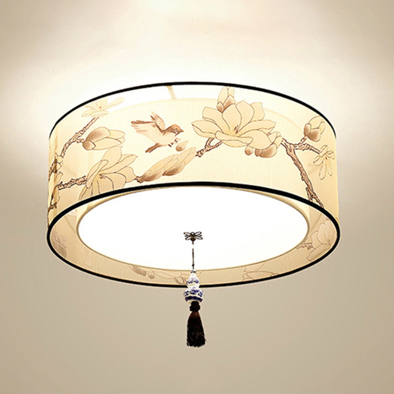 Drum Flush mount Asia Style Fabric Flush Ceiling Light for Living Room