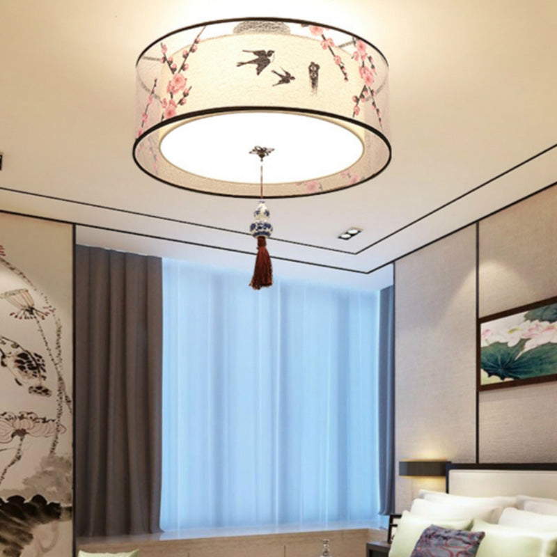 Drum Flush mount Asia Style Fabric Flush Ceiling Light for Living Room