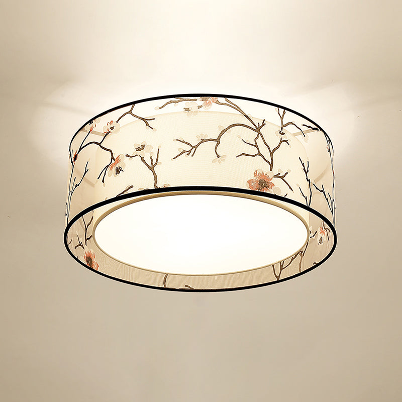 Drum Flush mount Asia Style Fabric Flush Ceiling Light for Living Room