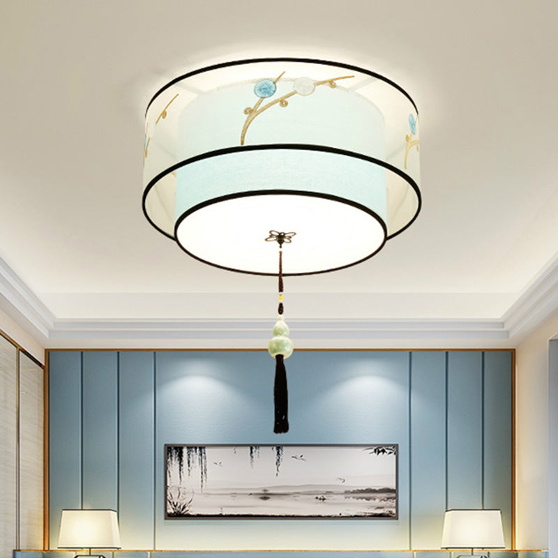 Drum Flush mount Asia Style Fabric Flush Ceiling Light for Living Room