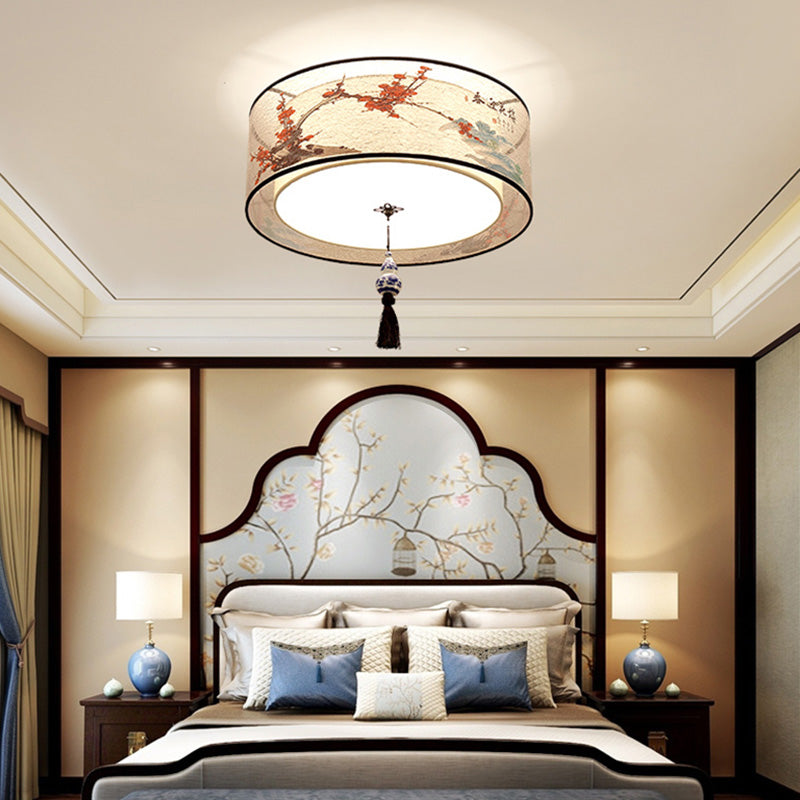 Drum Flush mount Asia Style Fabric Flush Ceiling Light for Living Room