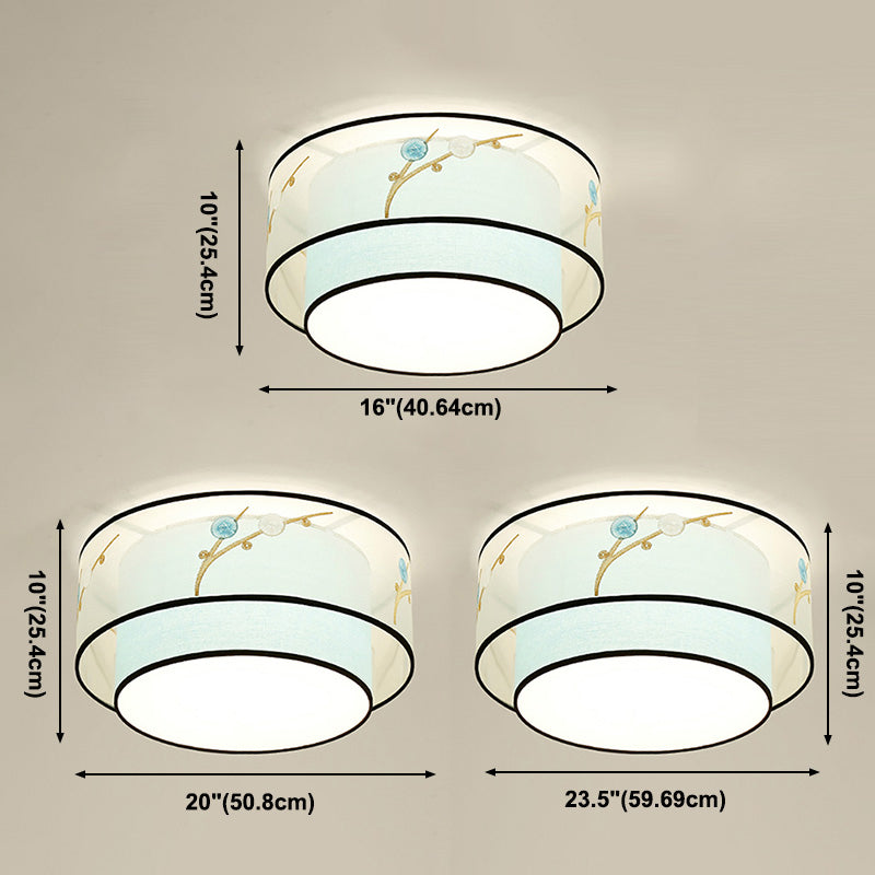 Drum Flush mount Asia Style Fabric Flush Ceiling Light for Living Room
