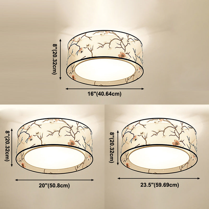 Drum Flush mount Asia Style Fabric Flush Ceiling Light for Living Room