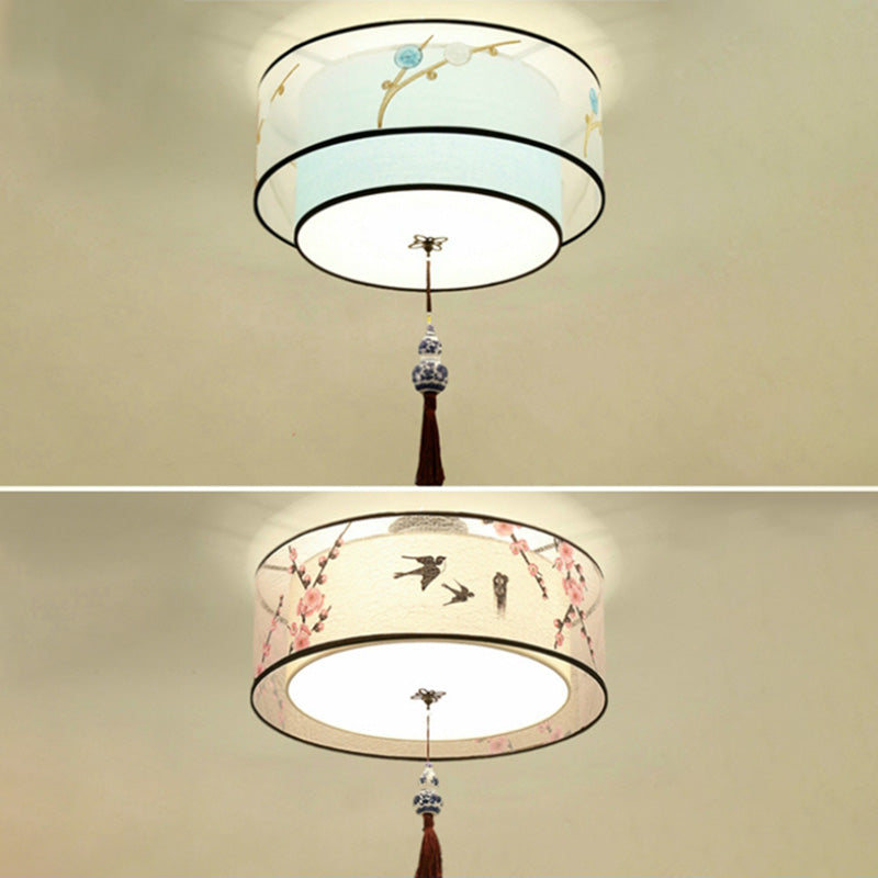 Drum Flush mount Asia Style Fabric Flush Ceiling Light for Living Room