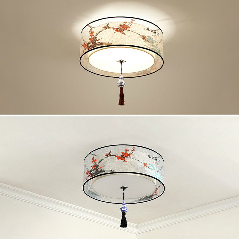Drum Flush mount Asia Style Fabric Flush Ceiling Light for Living Room
