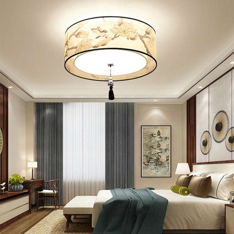 Drum Flush mount Asia Style Fabric Flush Ceiling Light for Living Room