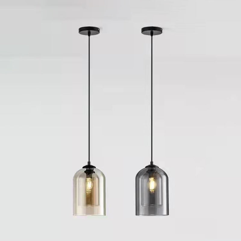 Lampada a sospensione nera doppia in vetro in moderna luce a campana di ferro in stile creativo per sala da pranzo