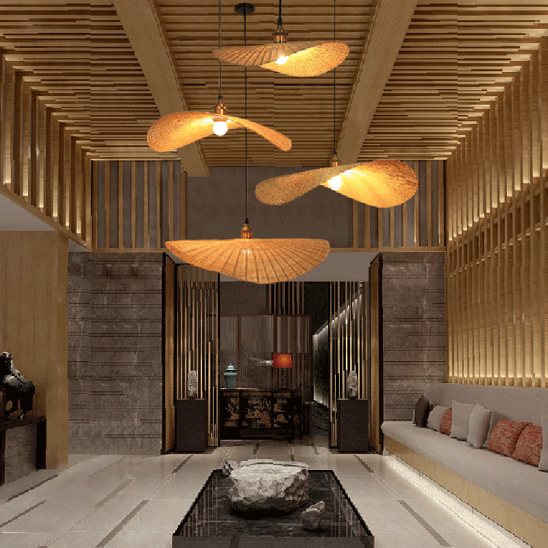 1-Light Beige Bamboo Suspended Lighting Fixture Japanese Pendant Light Kit