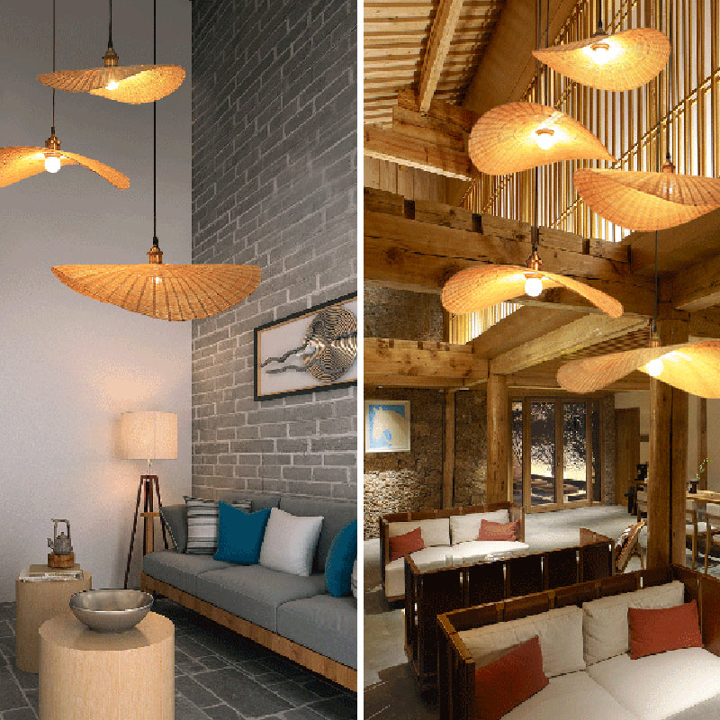 1-Light Beige Bamboo Suspended Lighting Fixture Japanese Pendant Light Kit