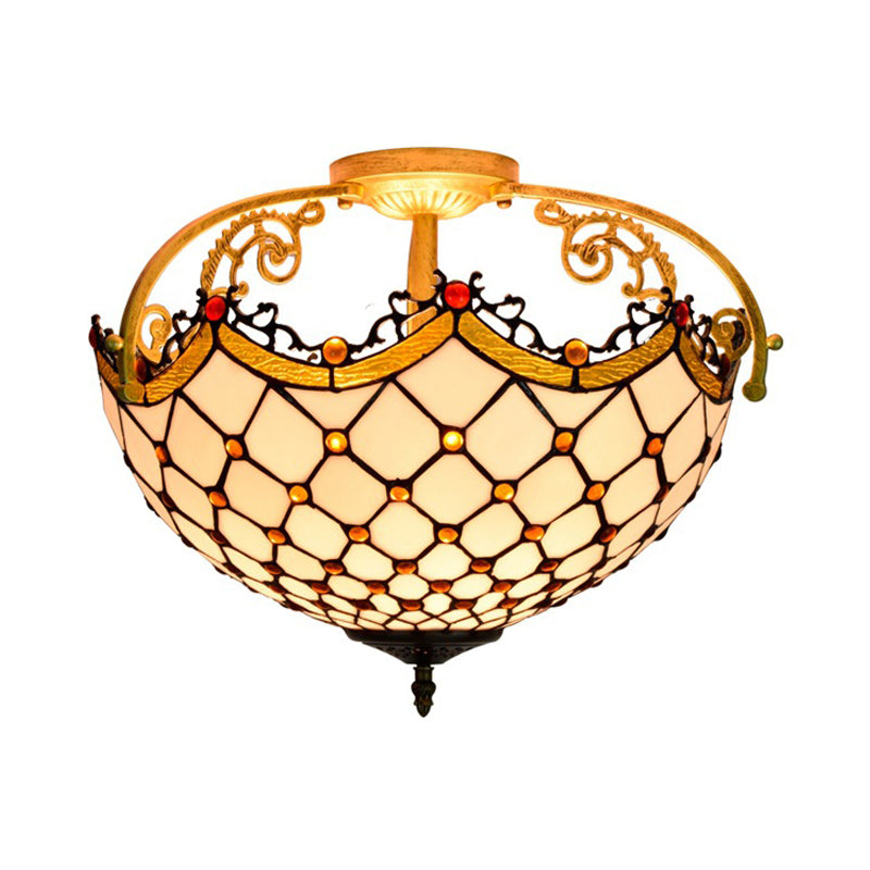 3 Lights Scalloped Semi Flush Light Baroque Beige Stained Glass Ceiling Mount for Corridor