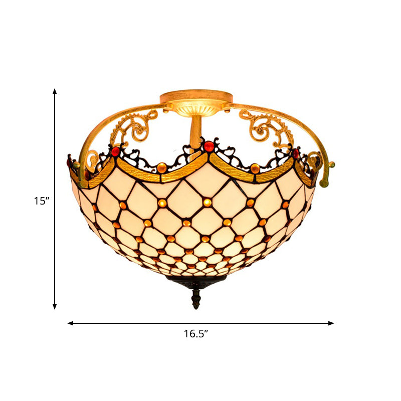 3 Lights Scalloped Semi Flush Light Baroque Beige Stained Glass Ceiling Mount for Corridor
