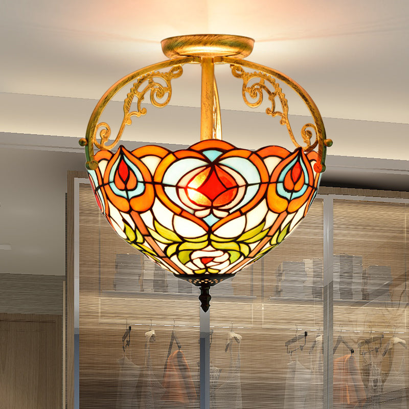 2/3 Lights Petal Semi Flush Mediterranean Red Cut Glass Close to Ceiling Lamp for Bedroom