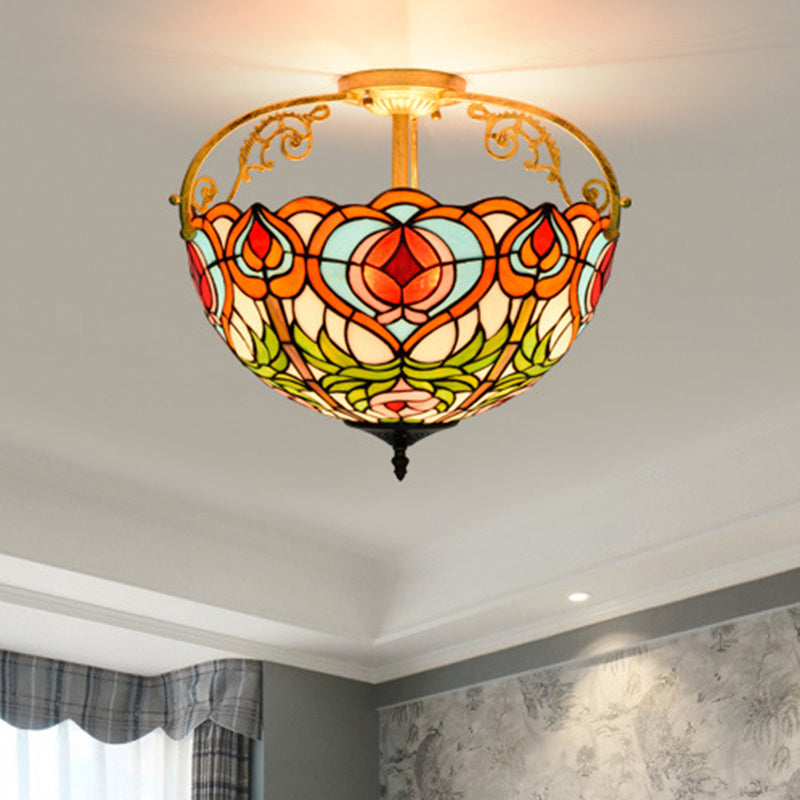 2/3 Lights Petal Semi Flush Mediterranean Red Cut Glass Close to Ceiling Lamp for Bedroom