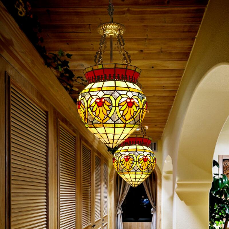 Green 3 Lights Semi Flush Mount Light Tiffany Style Stained Glass Flower Ceiling Lighting for Corridor