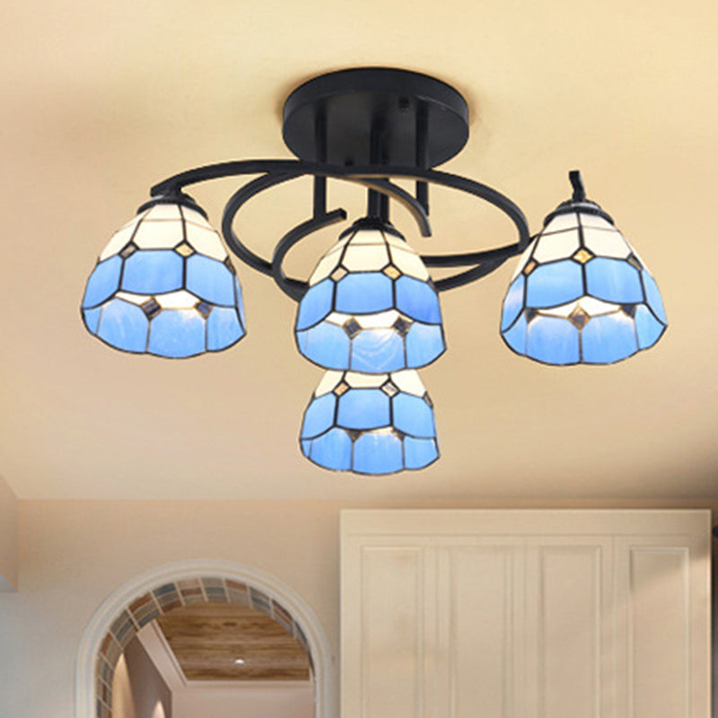 4 Lights Bedroom Semi Flush Mount Light Mediterranean Black Ceiling Lamp with Cone/Dome White/Beige/Blue Glass Shade