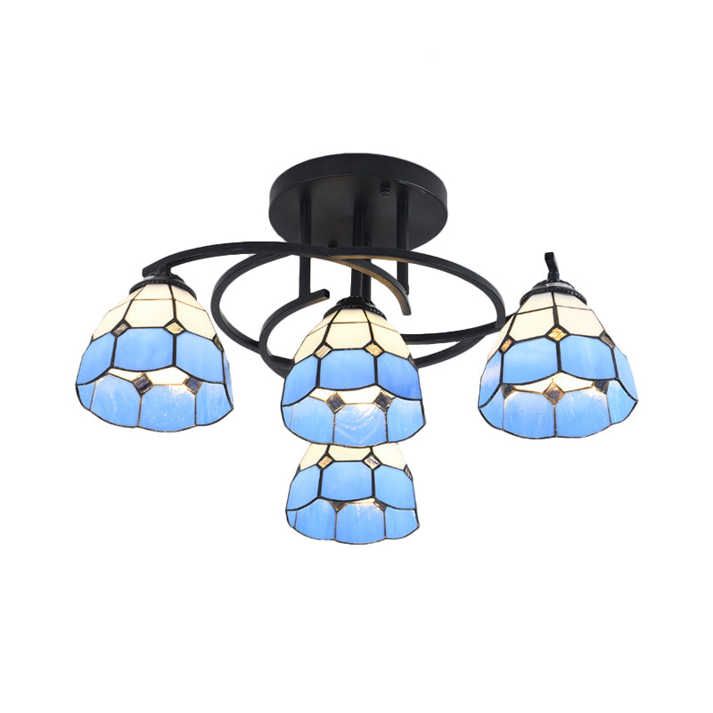 4 Lights Bedroom Semi Flush Mount Light Mediterranean Black Ceiling Lamp with Cone/Dome White/Beige/Blue Glass Shade