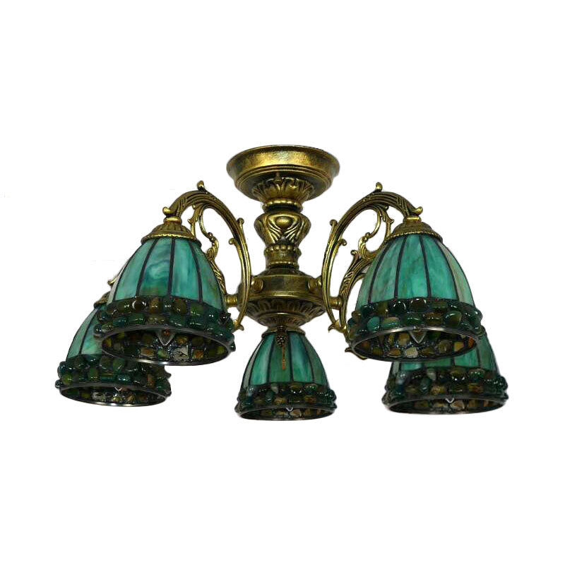 Tiffany Dome Semi Flush 5/8 Lights Stained Art Glass Close to Ceiling Lighting in Green
