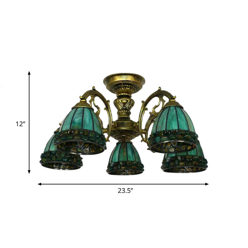Tiffany Dome Semi Flush 5/8 lumières Vitrail Art près du plafond Éclairage en vert