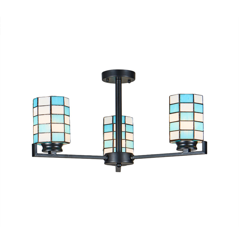 Stained Glass Black/White Semi Mount Lighting Cylinder 3/6/8 Lights Baroque Ceiling Mounted Light