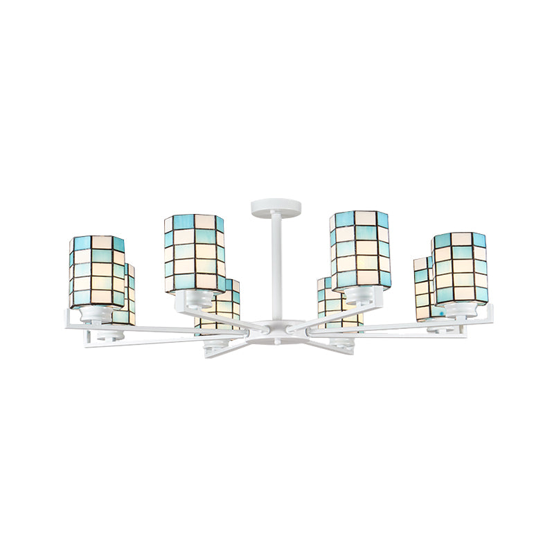 Stained Glass Black/White Semi Mount Lighting Cylinder 3/6/8 Lights Baroque Ceiling Mounted Light