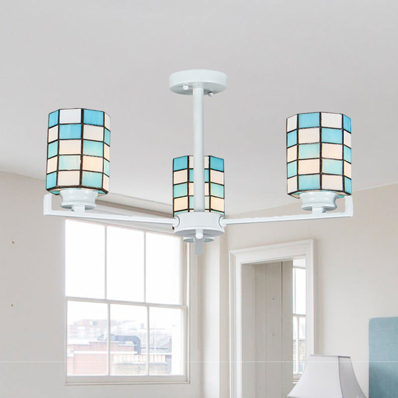 Stained Glass Black/White Semi Mount Lighting Cylinder 3/6/8 Lights Baroque Ceiling Mounted Light