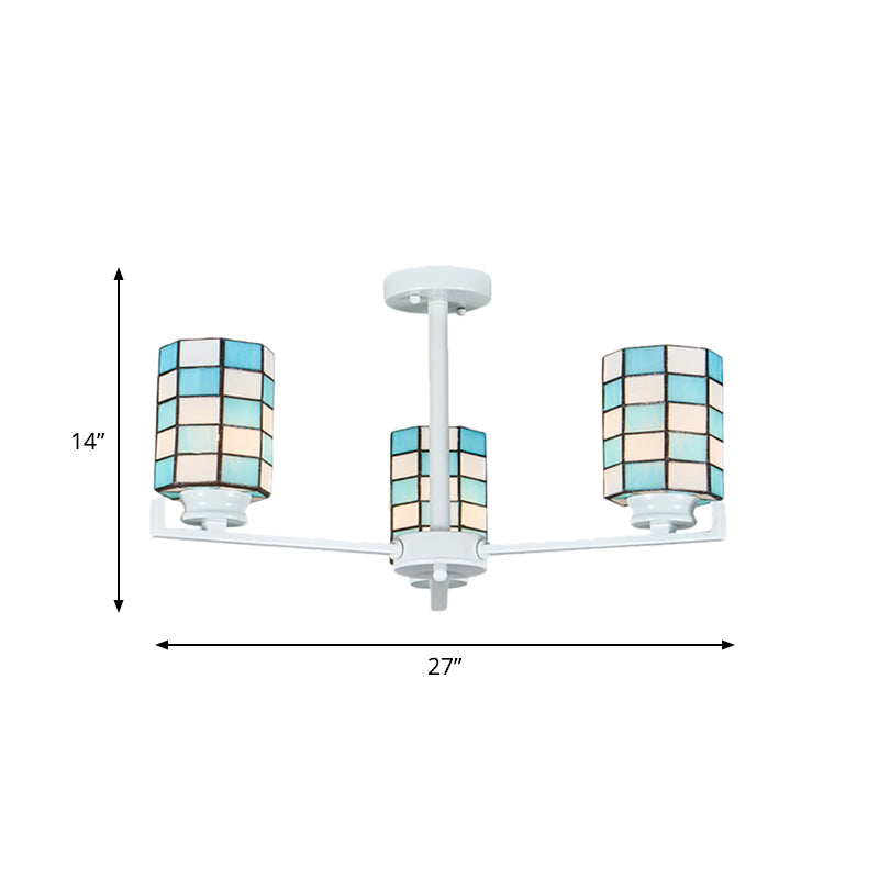 Stained Glass Black/White Semi Mount Lighting Cylinder 3/6/8 Lights Baroque Ceiling Mounted Light