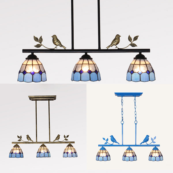 3 Bulbs Indoor Island Pendant Light Tiffany Style Antique Brass/Black/Blue Hanging Light with Dome Stainless Glass Shade