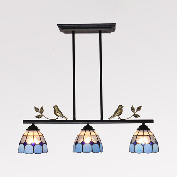 3 Bulbs Indoor Island Pendant Light Tiffany Style Antique Brass/Black/Blue Hanging Light with Dome Stainless Glass Shade
